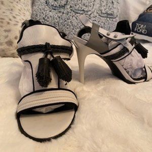 L.A.M.B White and black 5-inch heels with tassel size 9